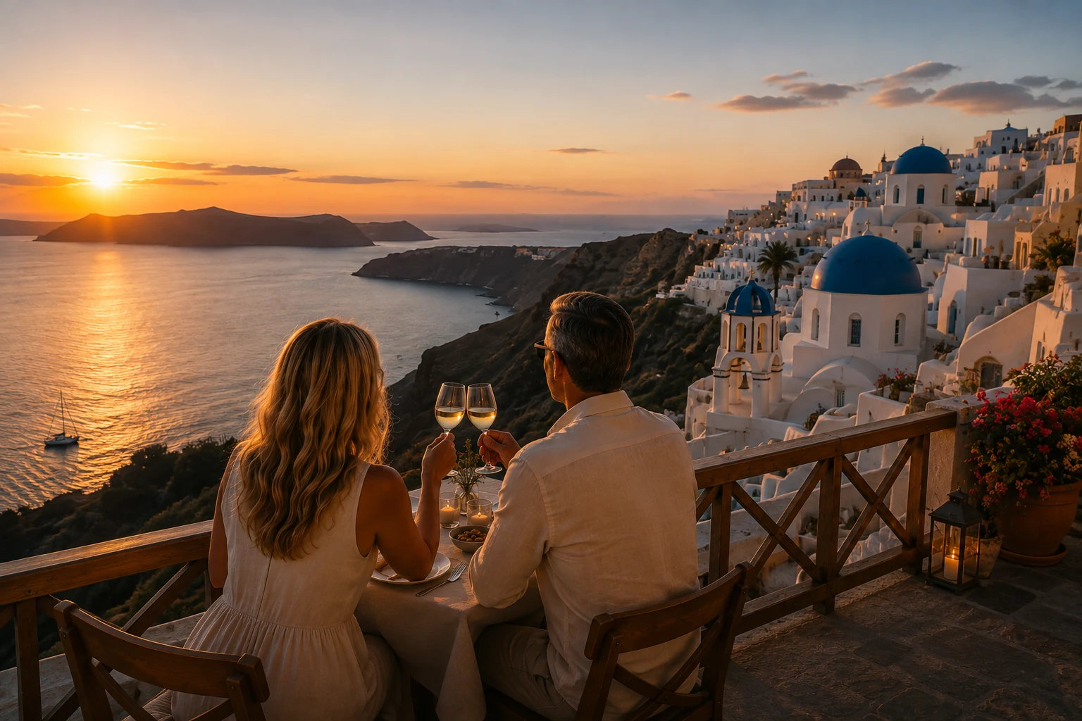 Boutique Seekers couple enjoying wine at sunset overlooking a beautiful European coastal destination