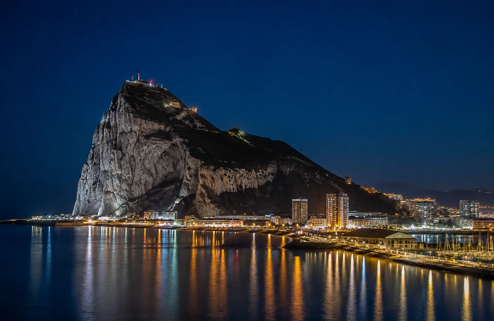 View of the Rock of Gibraltar and Mediterranean coastline