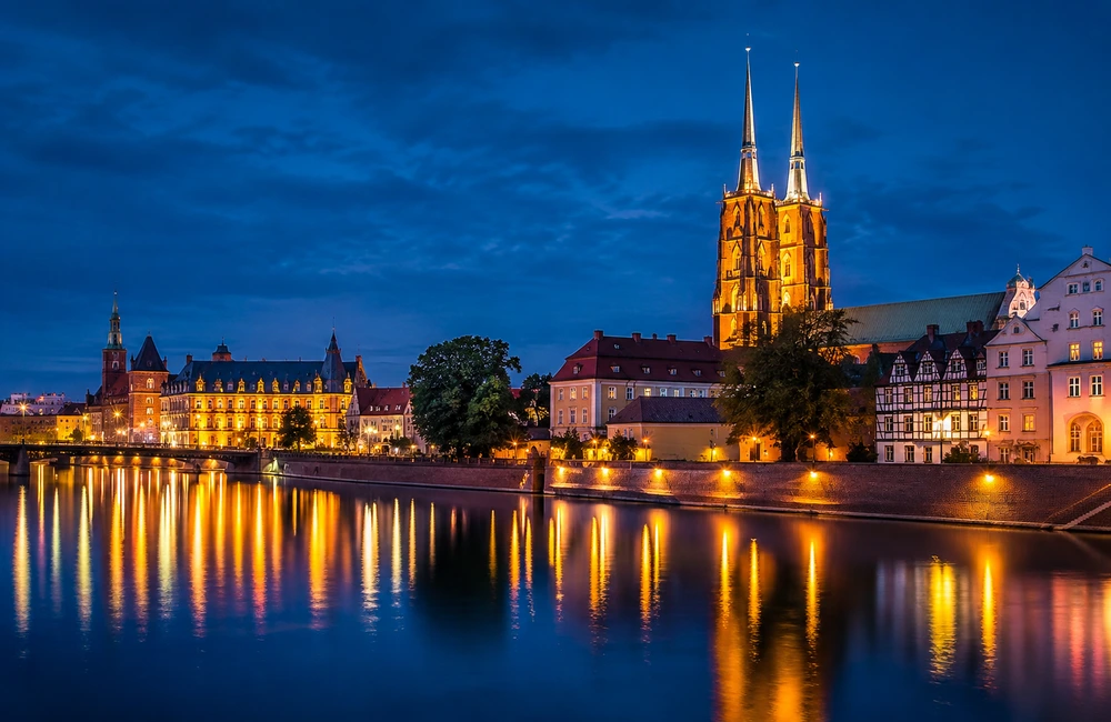 Wrocław Old Town and River Oder at dusk in Poland