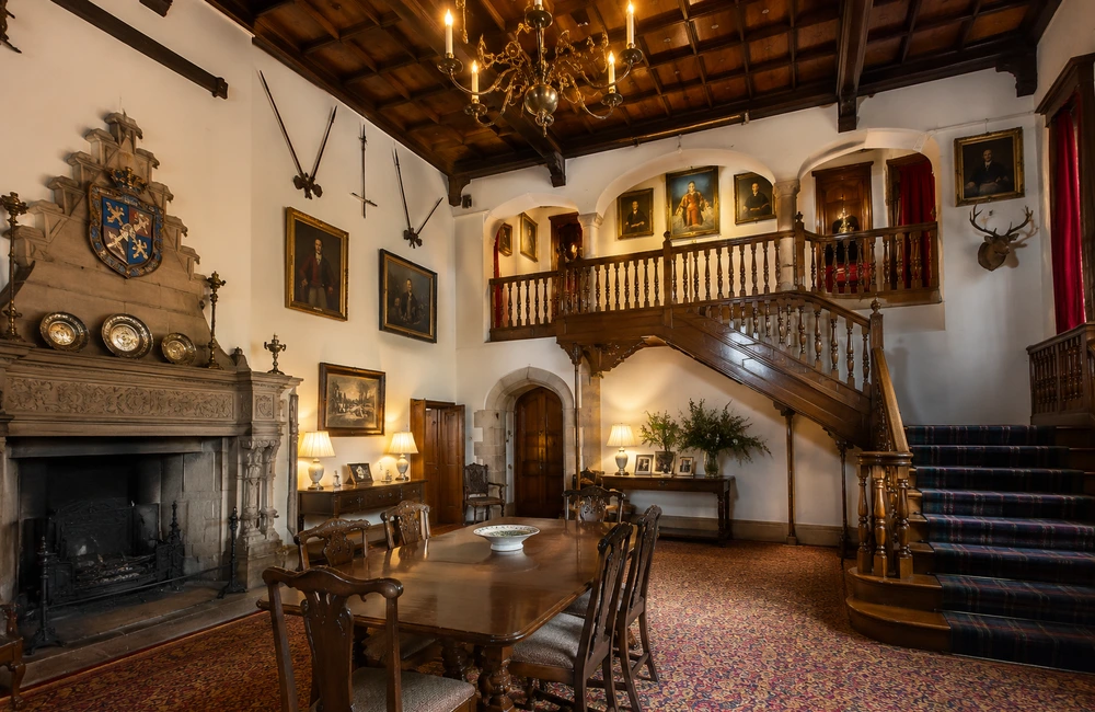 Historic hall at Tulloch Castle in Dingwall, Scotland, featuring a grand wooden staircase, stone fireplace and traditional Highland interiors.