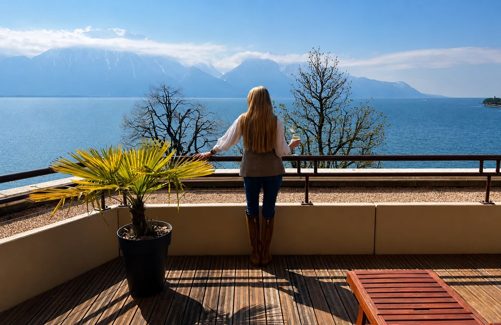 Debs looking out over Lake Geneva in Switzerland, with the Swiss Alps and mountain scenery in the distance.