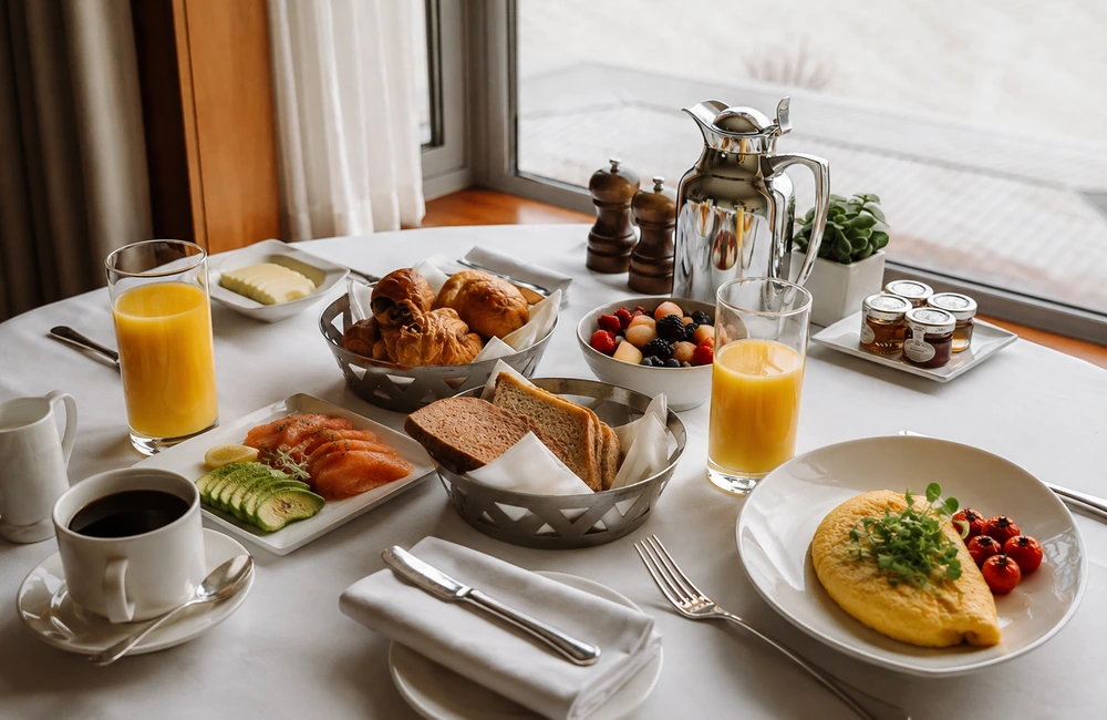 Breakfast table at Canary Riverside Plaza Hotel in London with pastries, fresh fruit, smoked salmon, omelette, coffee and orange juice.